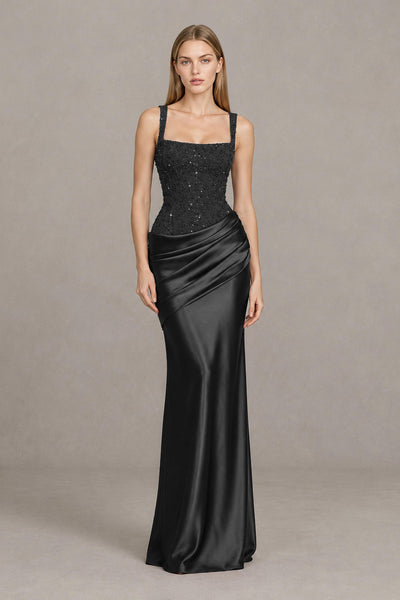 BOLODOO FQ0056 black square-neck evening gown with embellished bodice and ruched satin-look skirt, front view
