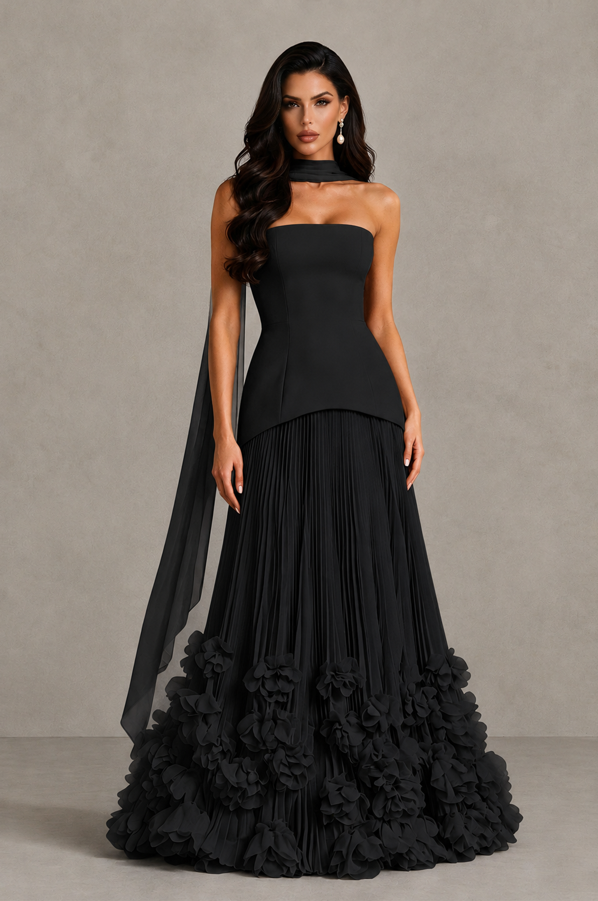 BOLODOO BX0185-Black strapless evening gown front view with pleated skirt and dimensional floral hem