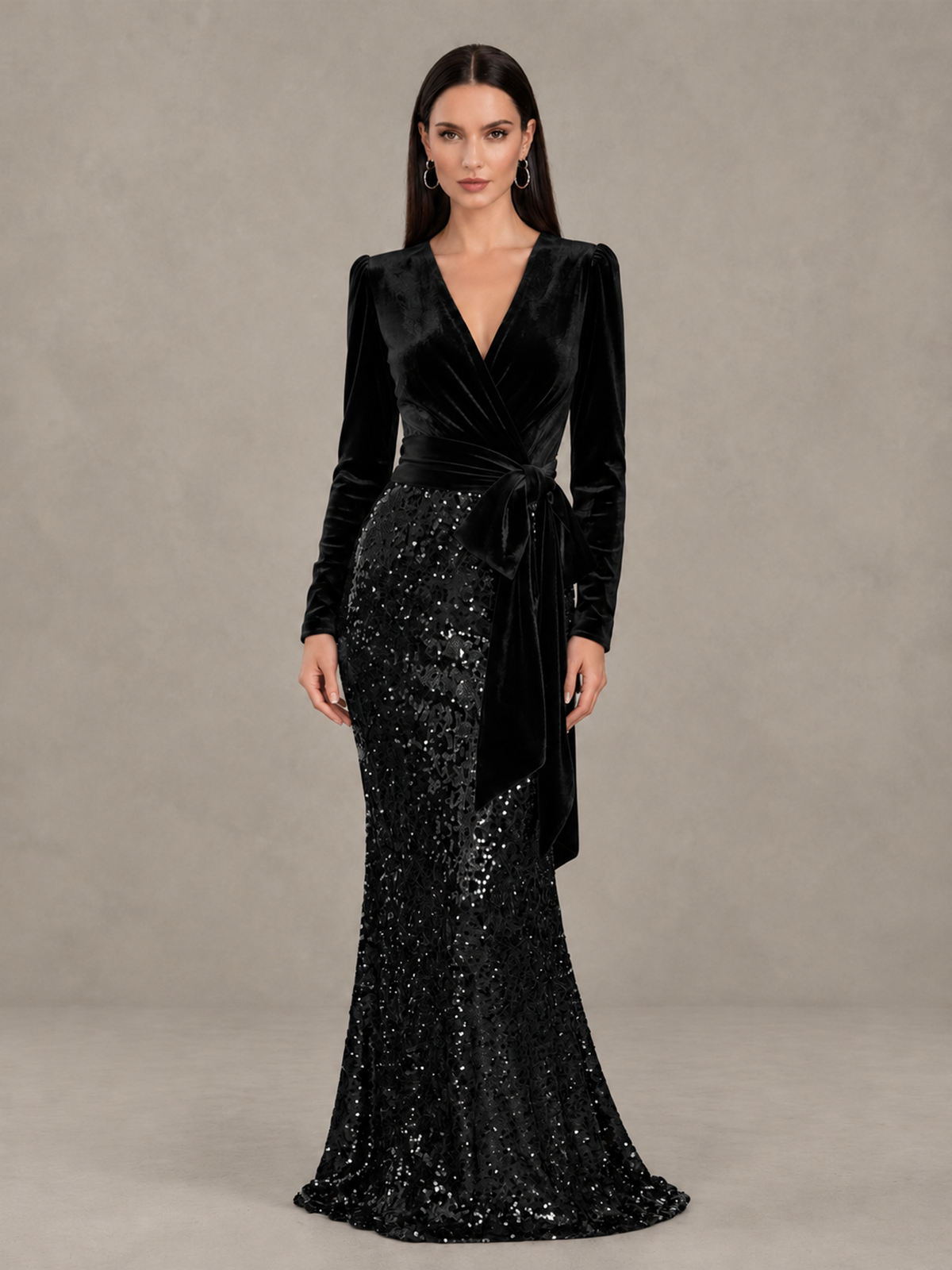 BOLODOO black velvet-look and sequin long sleeve mermaid evening gown, full front view