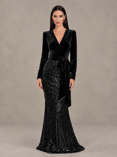 BOLODOO black velvet-look and sequin long sleeve mermaid evening gown, full front view