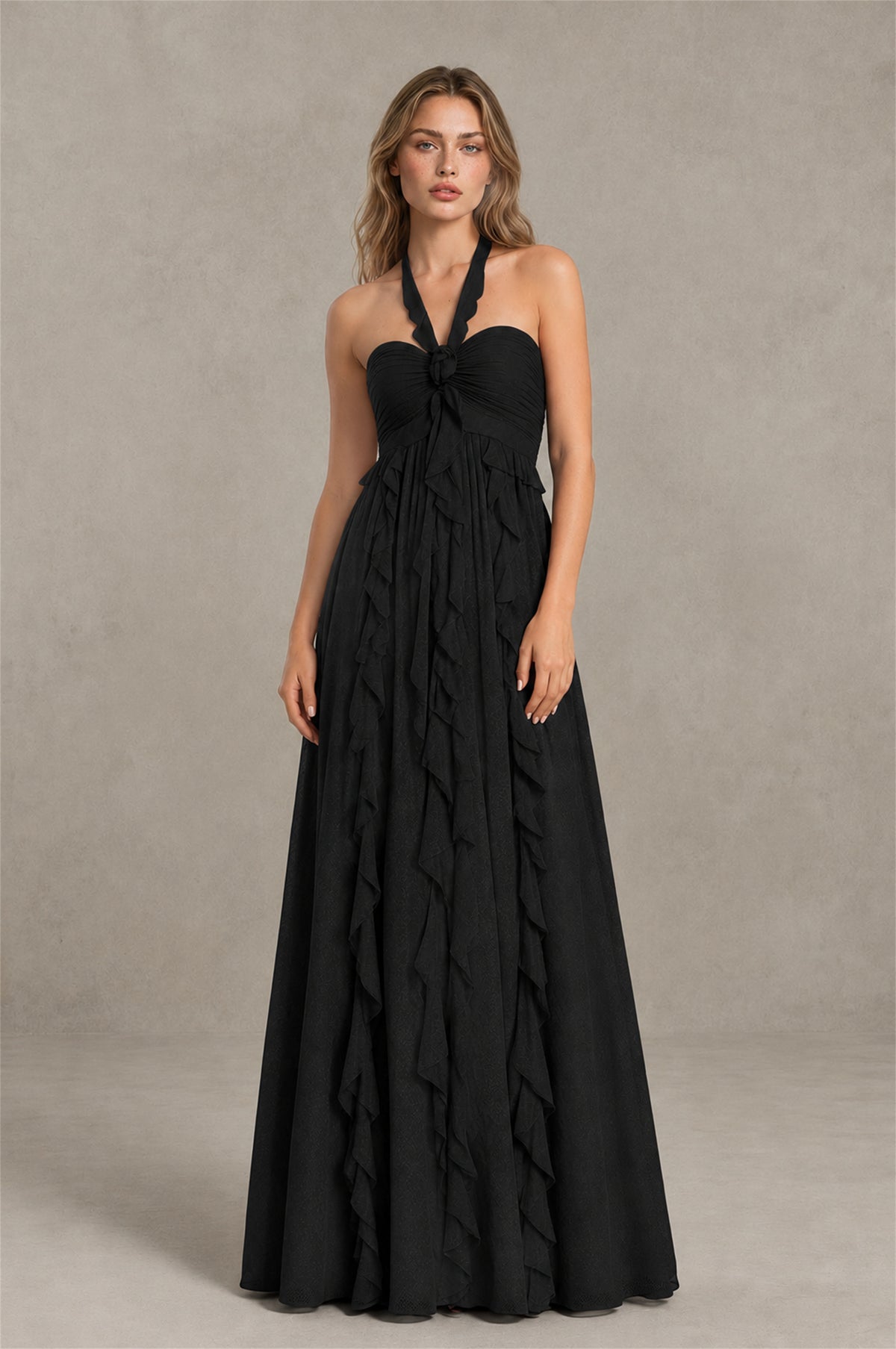 BOLODOO black halter ruffle floor-length evening dress, full front view