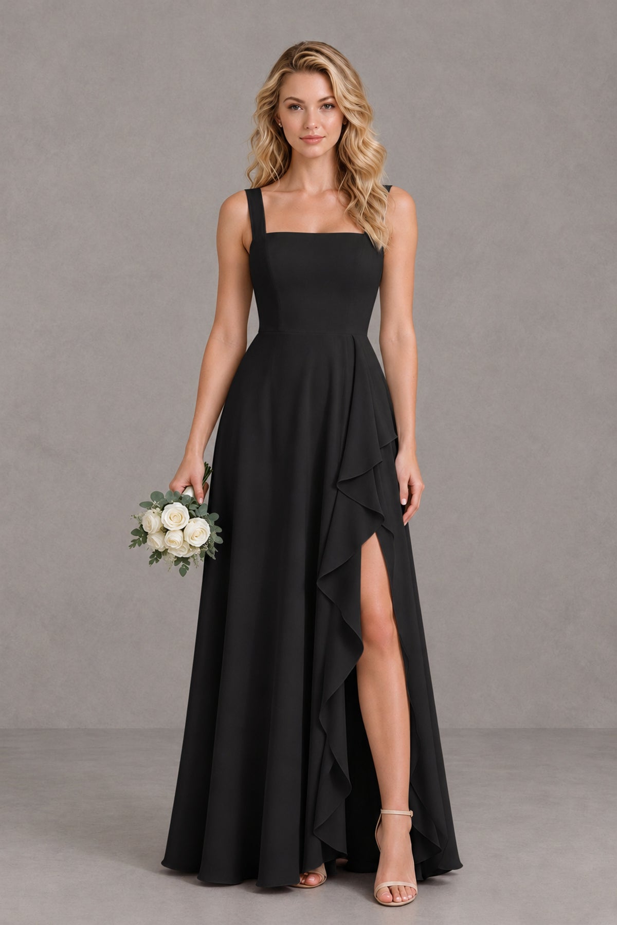 BOLODOO FQ0070 black square neck ruffle maxi dress styled with a bouquet, front view