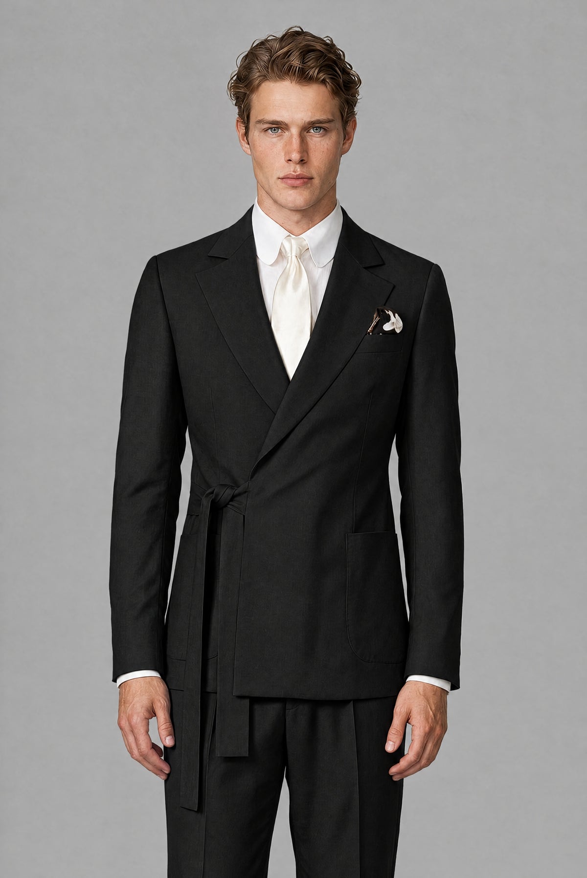 Bolodoo FQ1005 men's black two-piece wrap-front suit with jacket and trousers, full front view