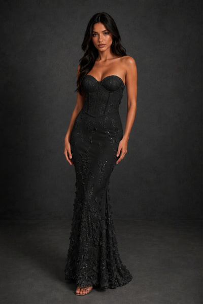 BOLODOO Black 3D Floral Sequin Corset Mermaid Gown - Front Side View Showing Sweetheart Neckline and Corset Detail