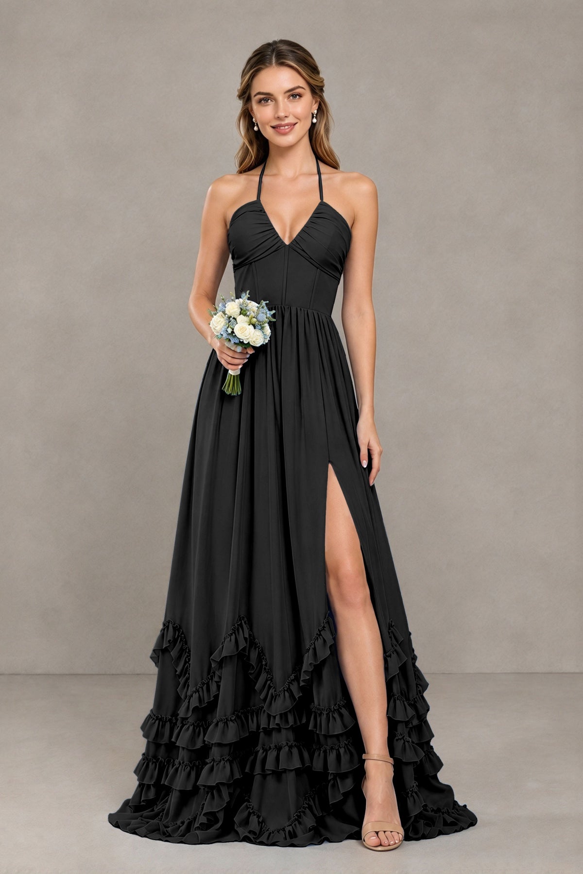 BOLODOO black halter ruffle bridesmaid dress styled with a bouquet
