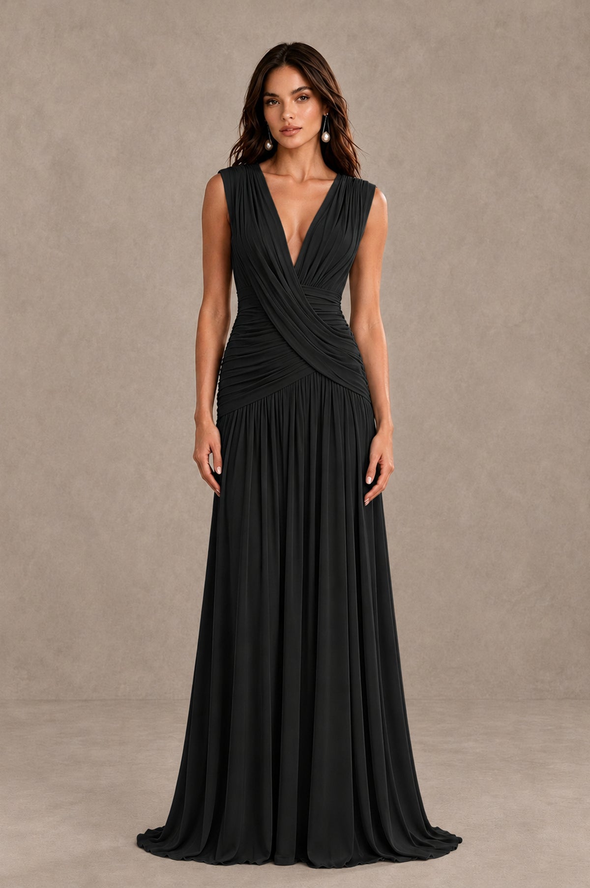 BOLODOO Black V-Neck Ruched Wedding Guest Dress 