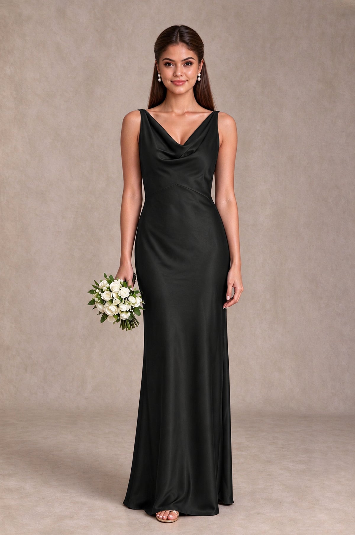 BOLODOO black cowl-neck satin-look bridesmaid dress with wide straps, full front view