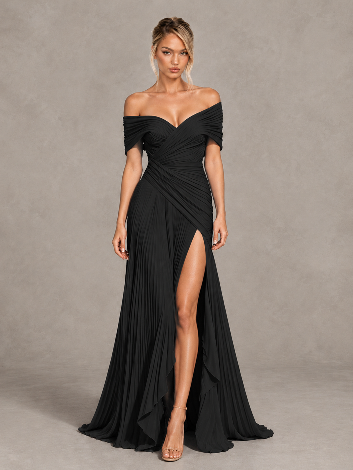BOLODOO Black Off-Shoulder Ruched Pleated Maxi Dress with High Slit 