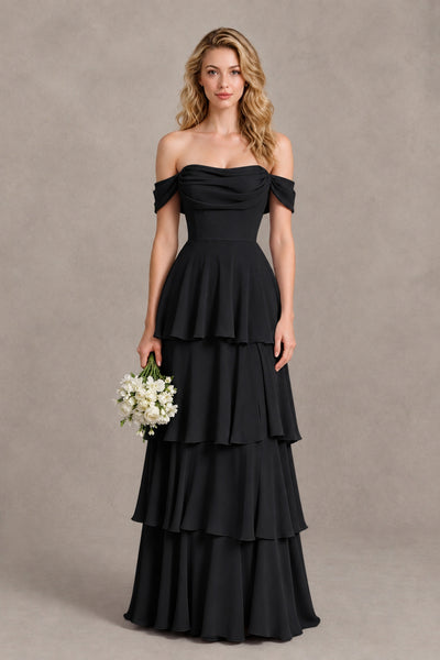 BOLODOO black floor-length tiered ruffle gown FQ0068, side view
