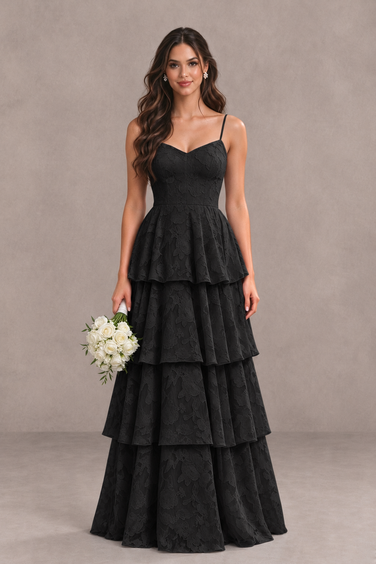 BOLODOO black tiered floor-length dress with sweetheart neckline, styled with a white bouquet