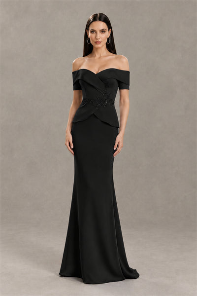 BOLODOO black off shoulder mermaid mother of the bride gown front view