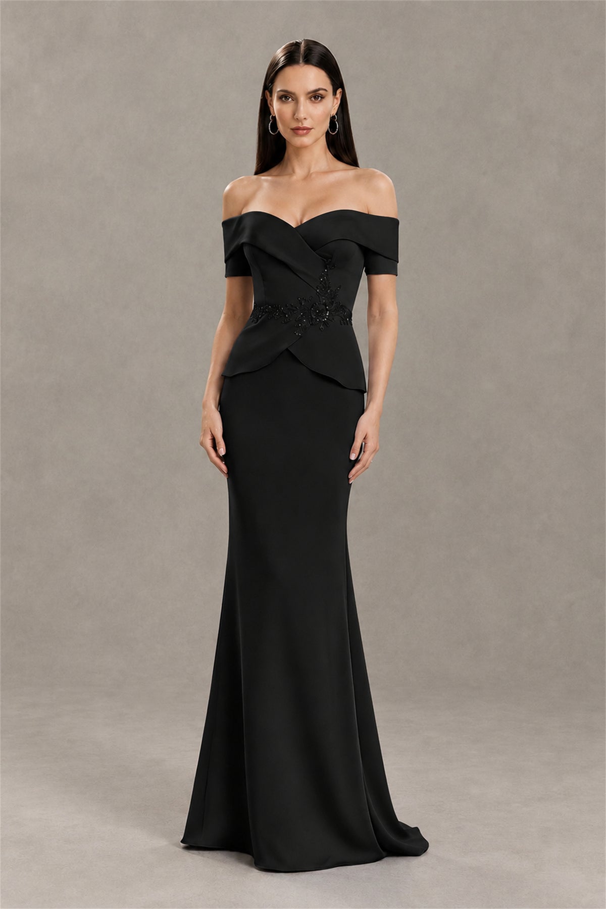 BOLODOO black off shoulder mermaid mother of the bride gown front view