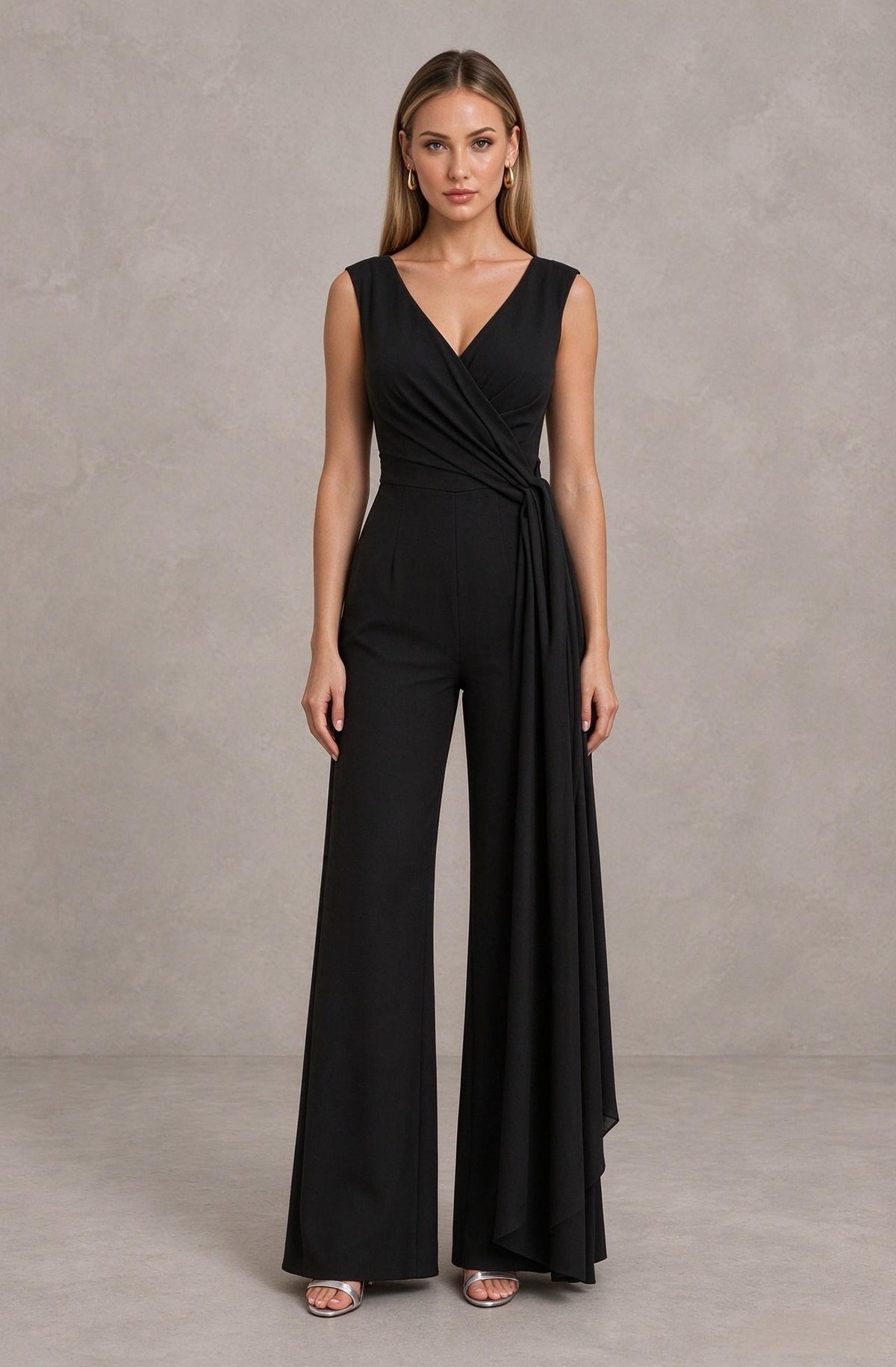 BOLODOO QQ078 black sleeveless V-neck wide-leg jumpsuit front view with draped waist
