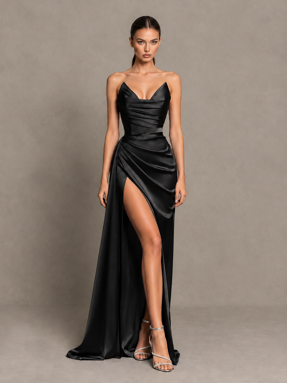 BOLODOO Black Strapless Satin High-Slit Lace-Up Prom Dress 