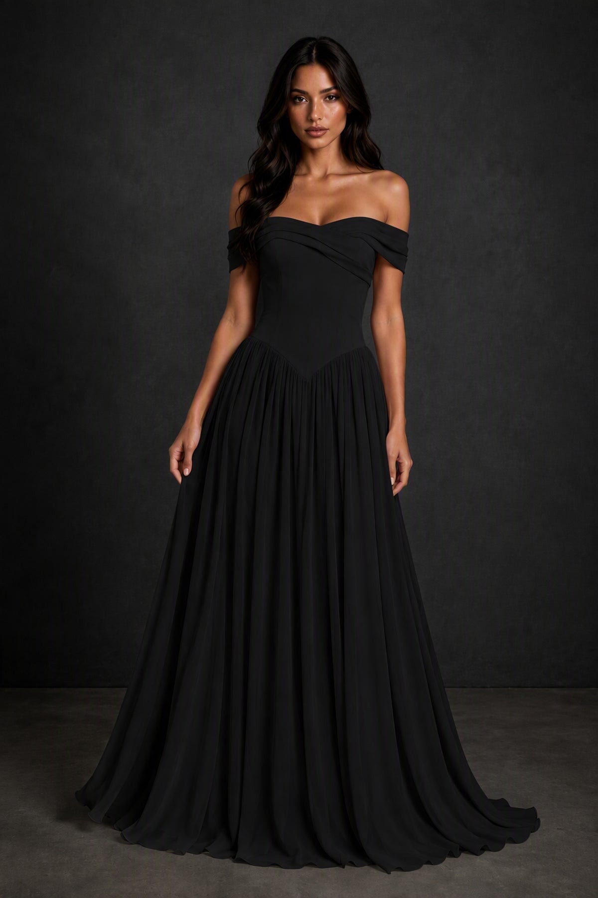 BOLODOO Black Off-Shoulder Sweetheart Corset Chiffon Maxi Dress - Side View