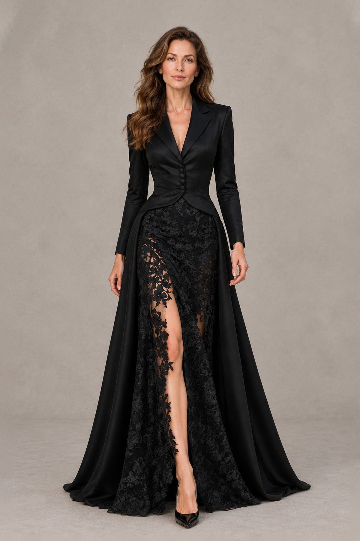 BOLODOO QQ054 black long sleeve lace blazer gown, front view showing lapel neckline and high slit