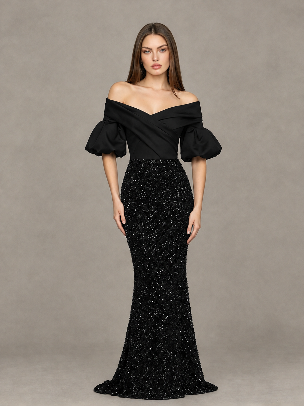 BOLODOO black off-shoulder puff sleeve sequin mermaid evening dress, front hero view