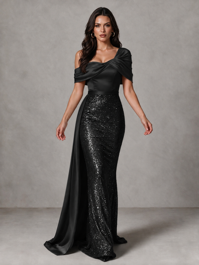 BOLODOO black sequin mermaid evening dress with off-shoulder satin drape, front pose