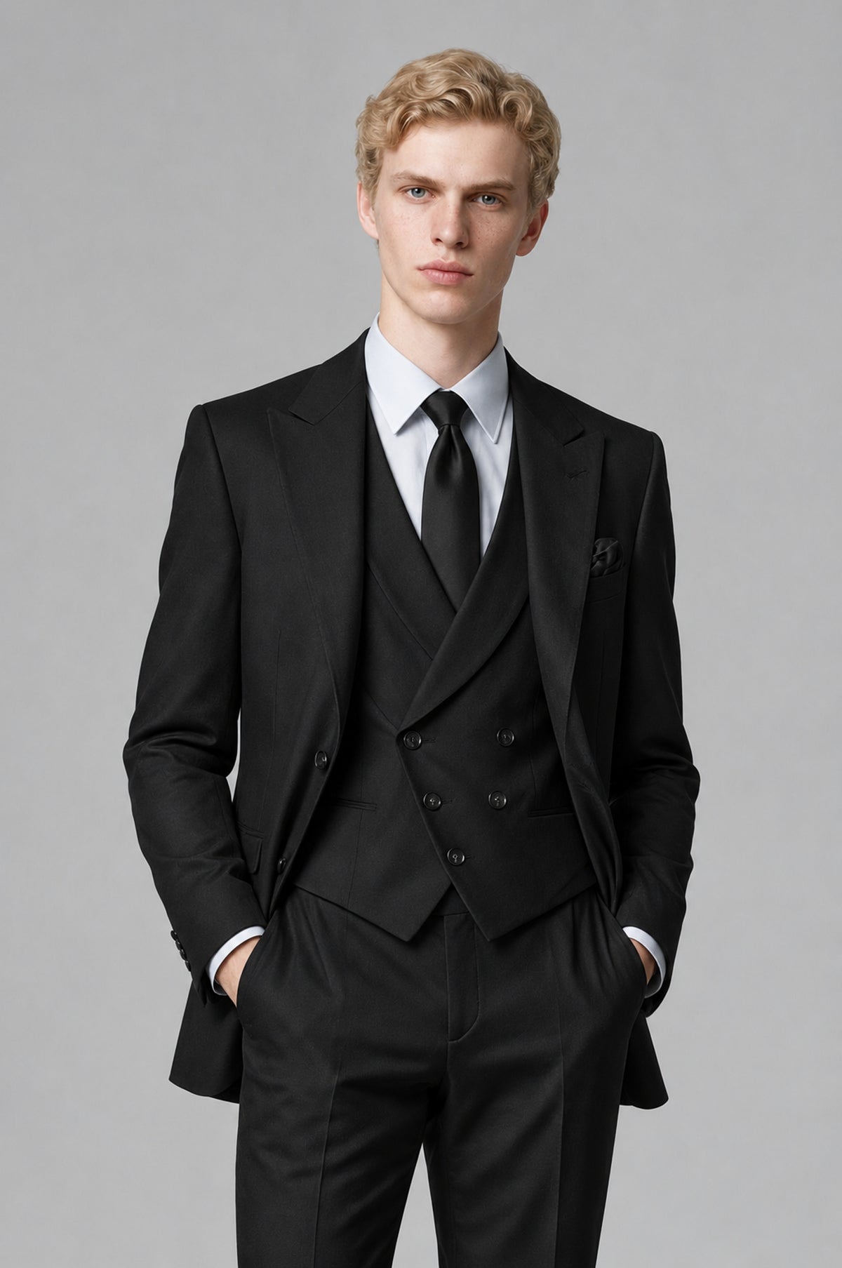 Bolodoo FQ1005 black notch-lapel long-sleeve suit jacket, front detail; waistcoat not included