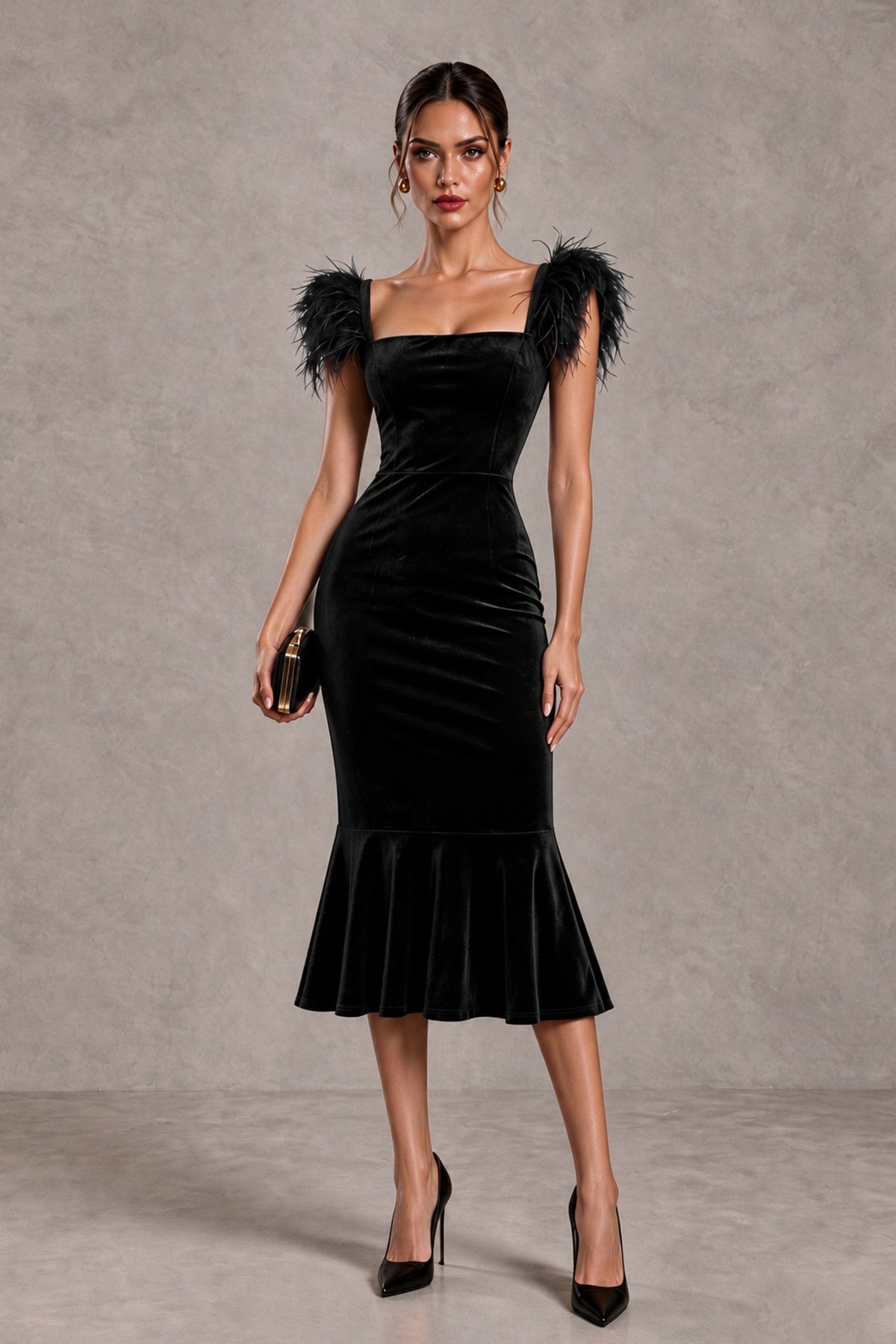 BOLODOO Black Feather-Trim Velvet-Look Mermaid Midi Dress 