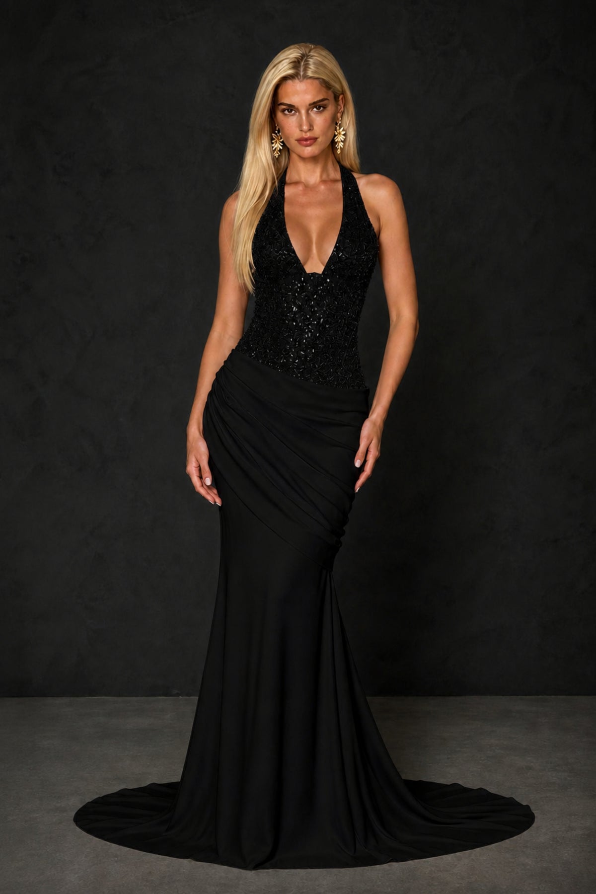 BOLODOO Black Halter Mermaid Gown – Side View, Mermaid Silhouette with Sweep Train