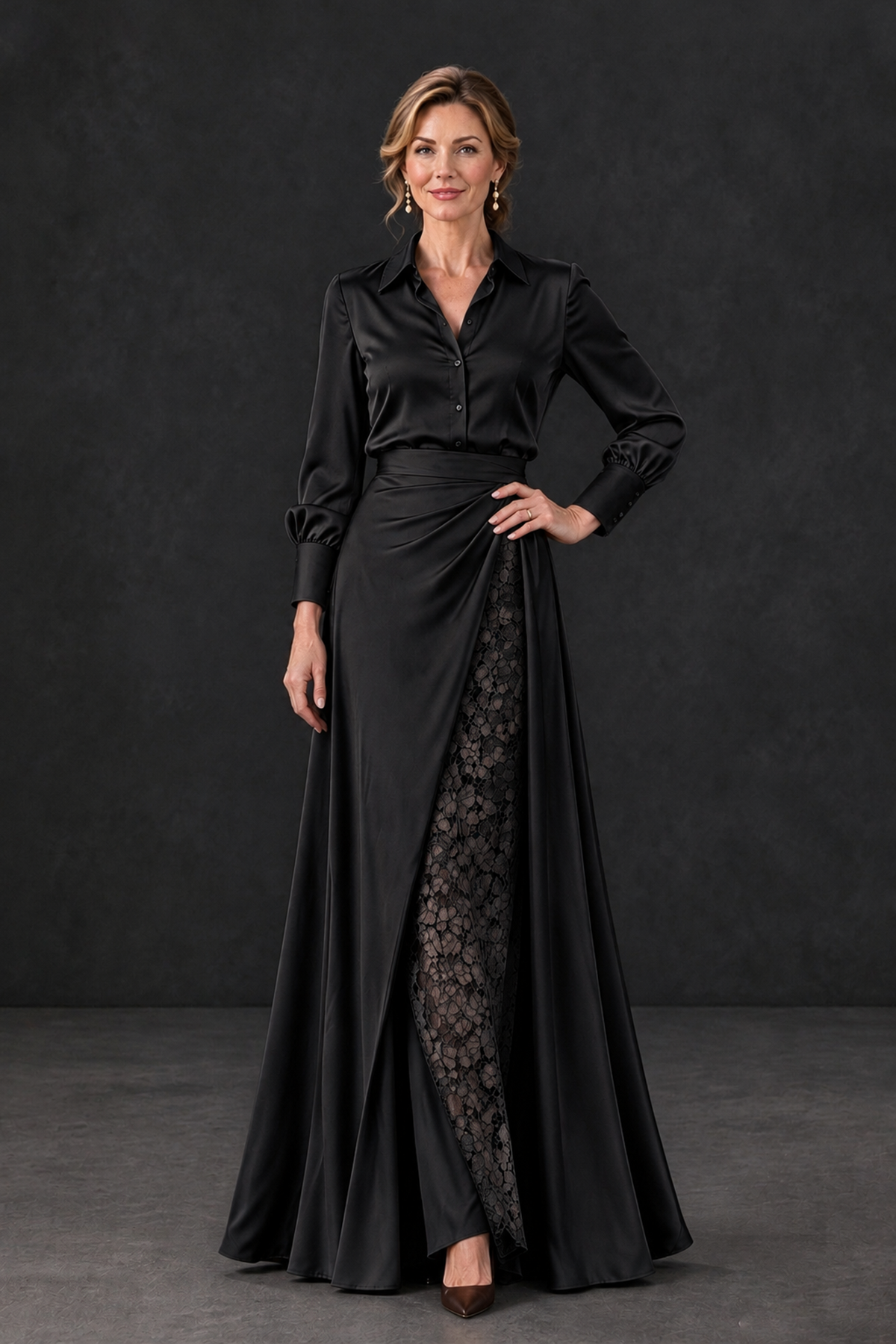 BOLODOO XX122 black long sleeve satin-look gown with draped waist and floral lace front panel