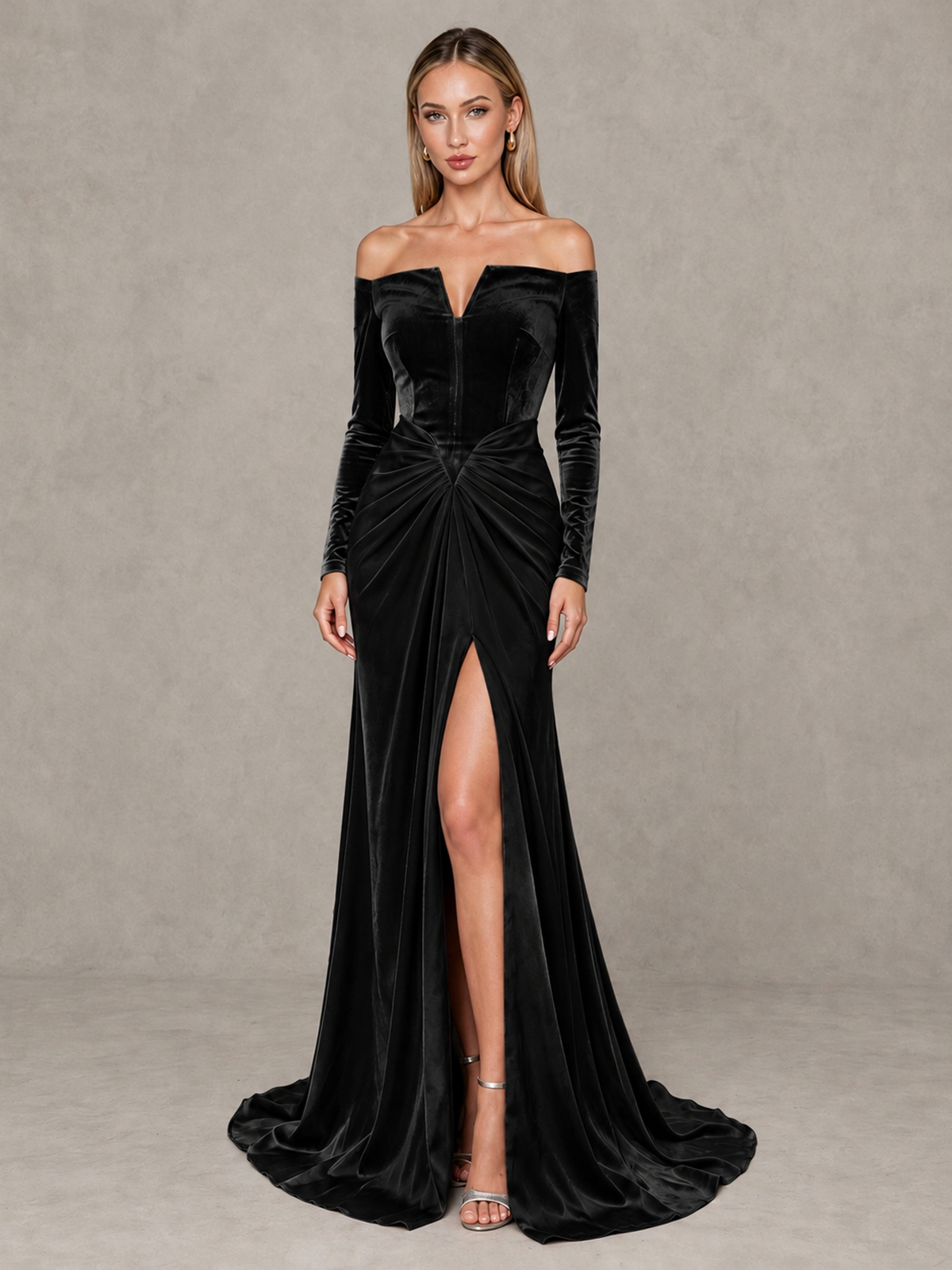 BOLODOO Black Off-Shoulder Velvet Evening Gown with High Slit 