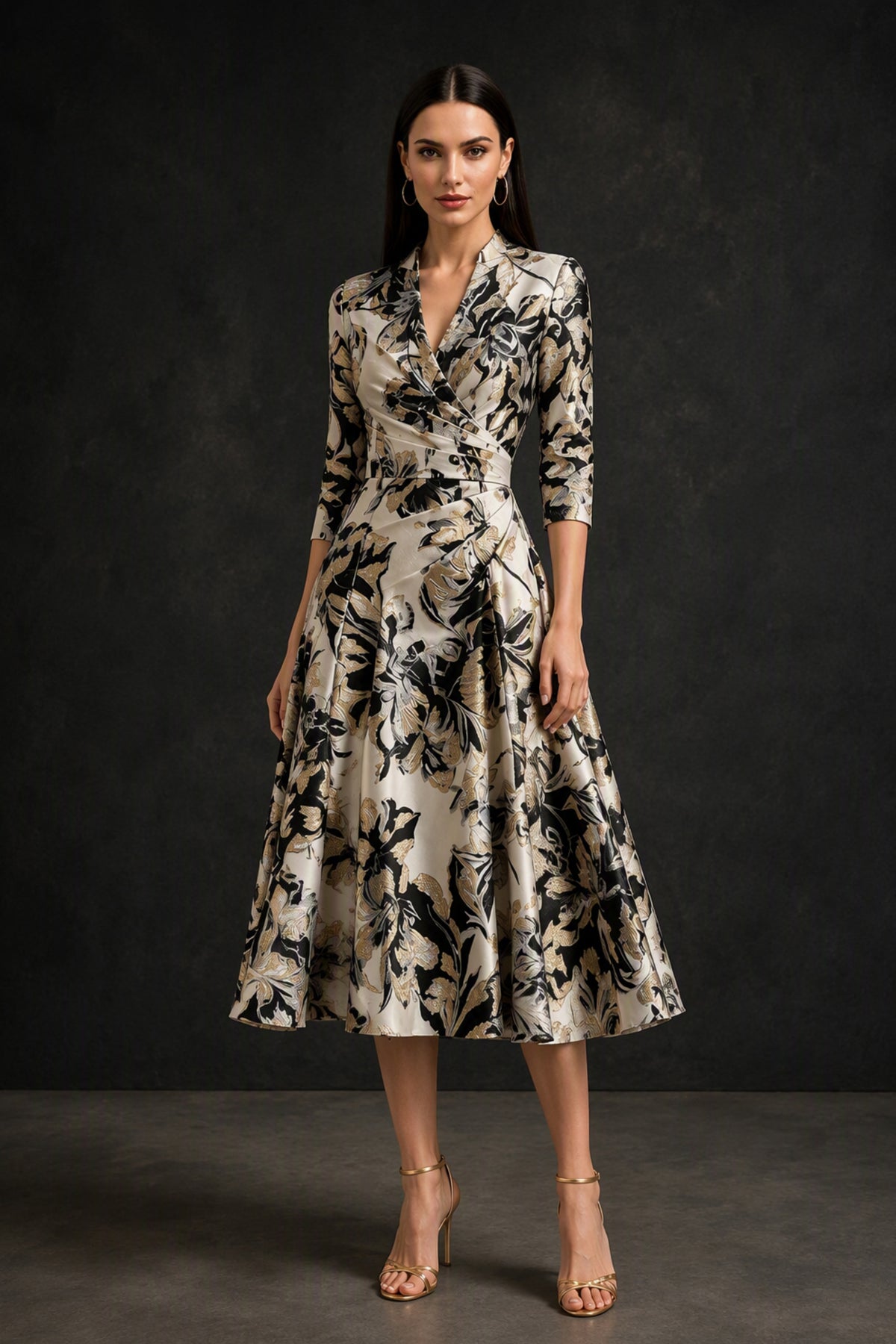 BOLODOO Champagne Gold Floral Jacquard Wrap Midi Dress - Front Three-Quarter View Showing Wrap Neckline and 3/4 Sleeves