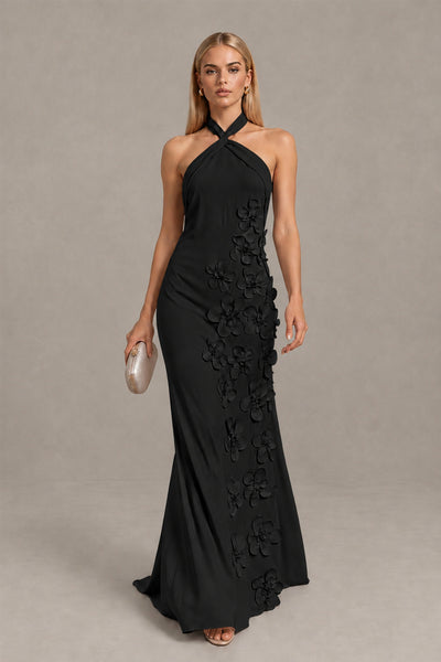 BOLODOO Black Cross Halter Neck 3D Floral Appliqué Backless Mermaid Maxi Gown 