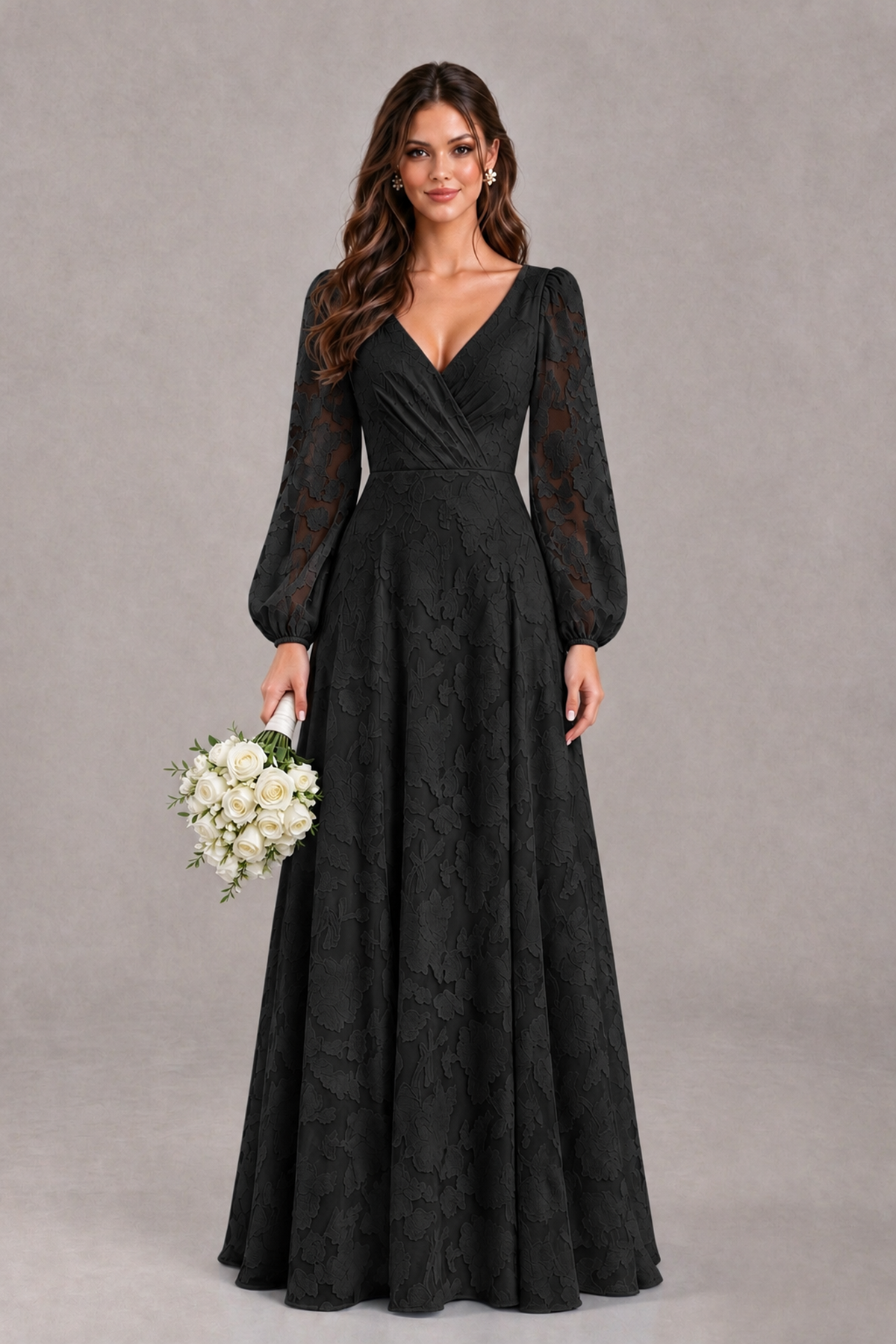 Full-length front view of BOLODOO black floral-textured A-line gown styled with a bouquet