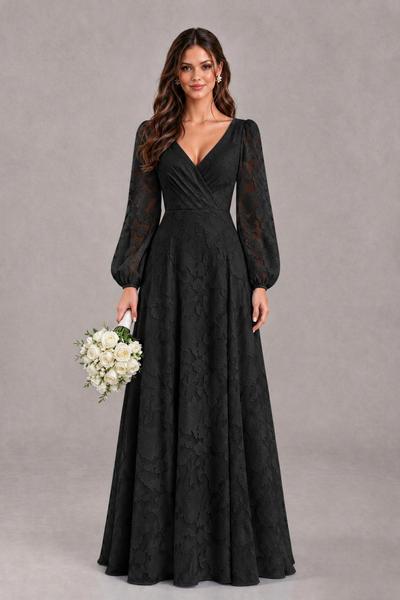 Full-length front view of BOLODOO black floral-textured A-line gown styled with a bouquet