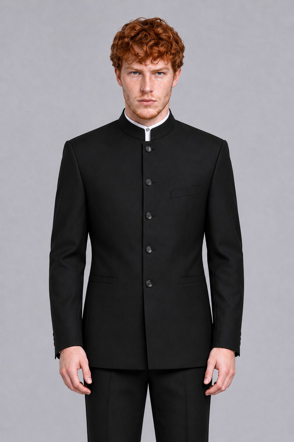 BOLODOO Men's Black Mandarin Collar Two-Piece Suit 