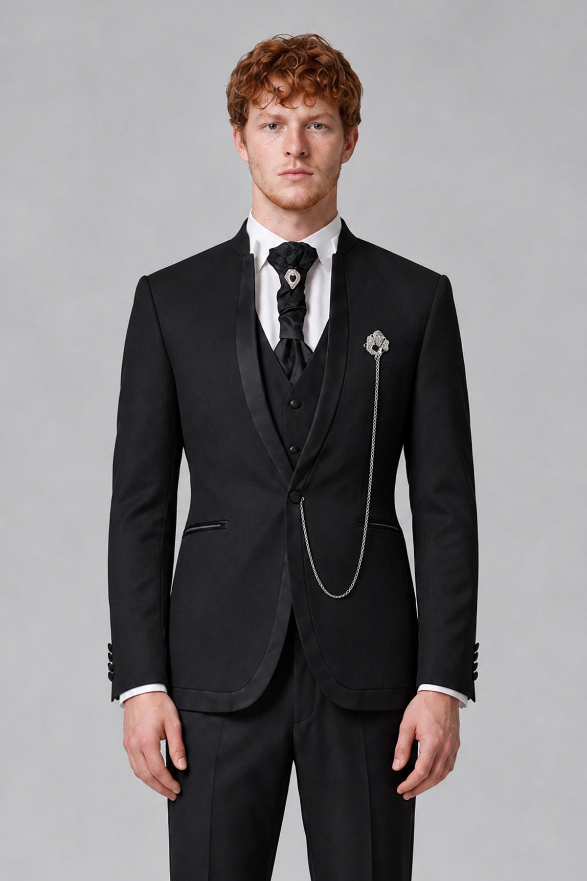 Bolodoo FQ1019 black tuxedo shawl lapel and button-front vest detail