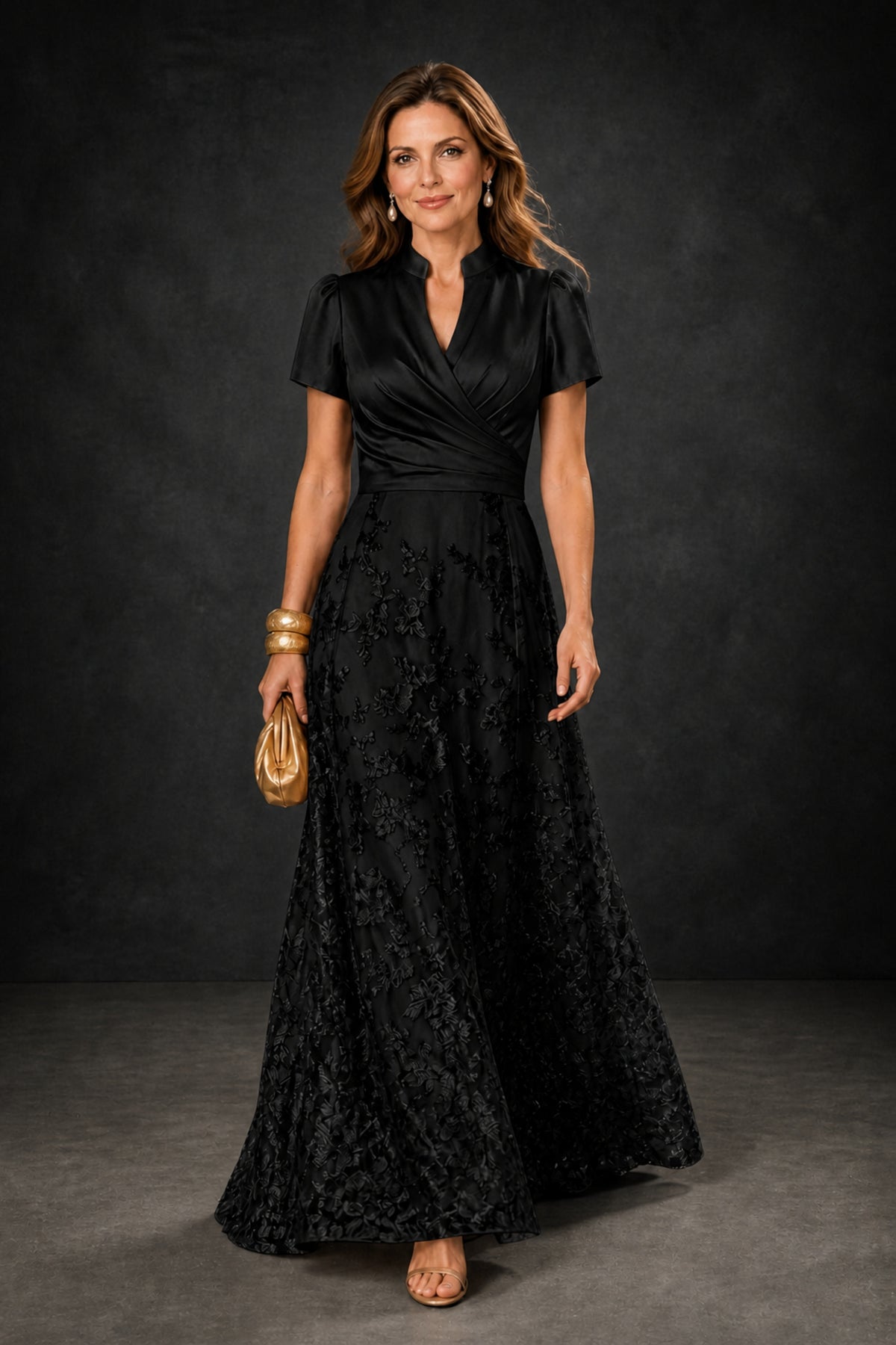 BOLODOO Black Satin Wrap V-Neck Short Sleeve Lace A-Line Evening Gown – Front Full Length View