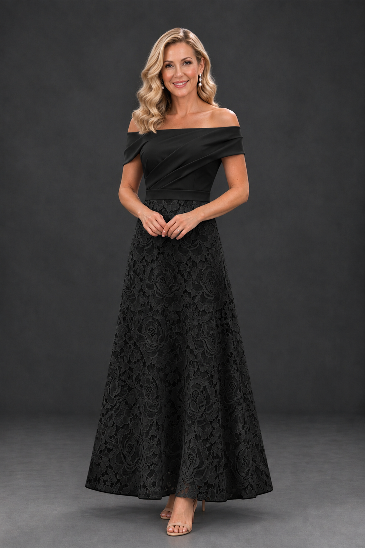 BOLODOO XX106 black ankle-length floral dress, front view showing pleated bodice and short sleeves