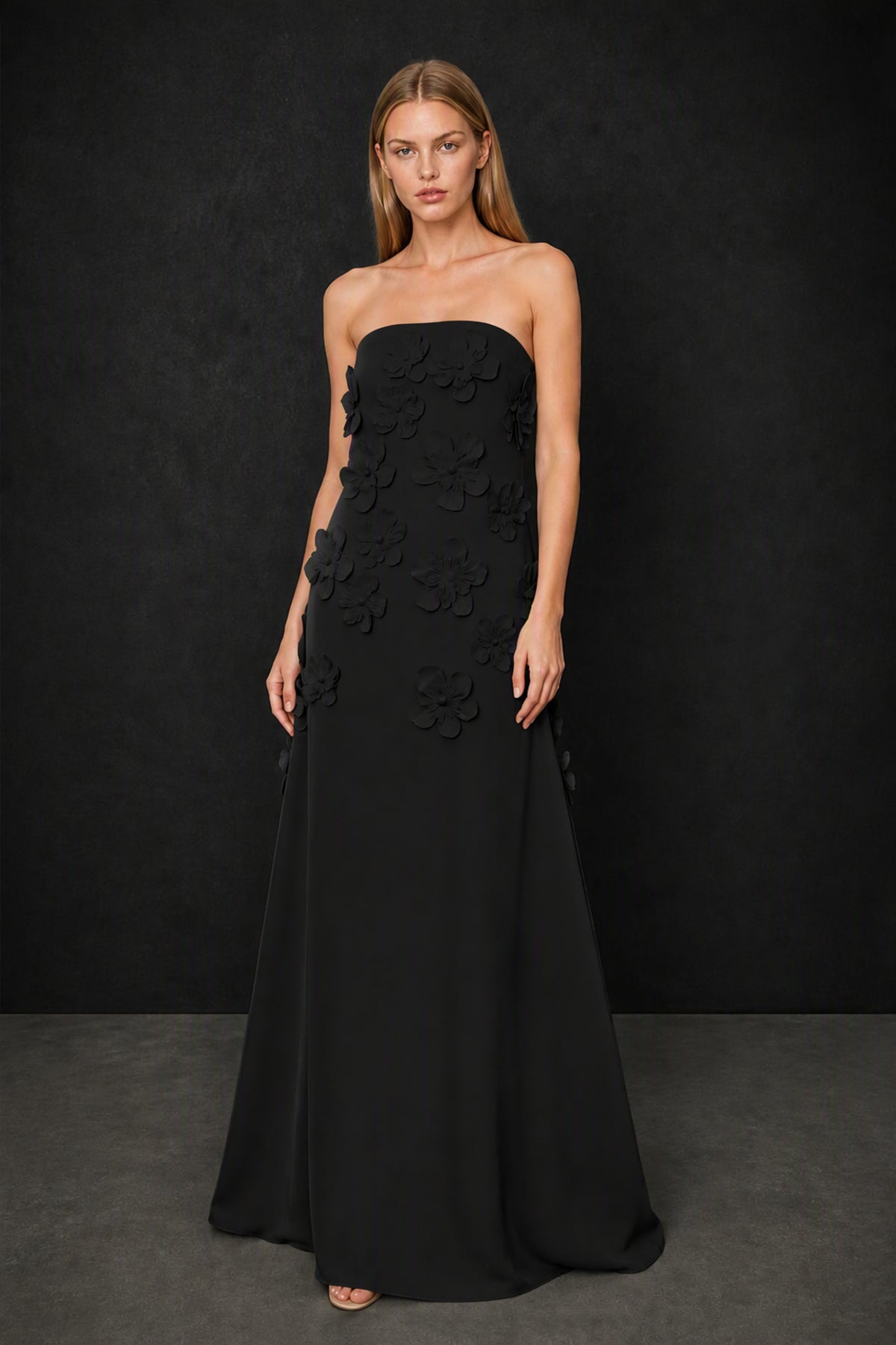 BOLODOO Black Strapless 3D Floral Appliqué Mermaid Gown - Back View Open Back