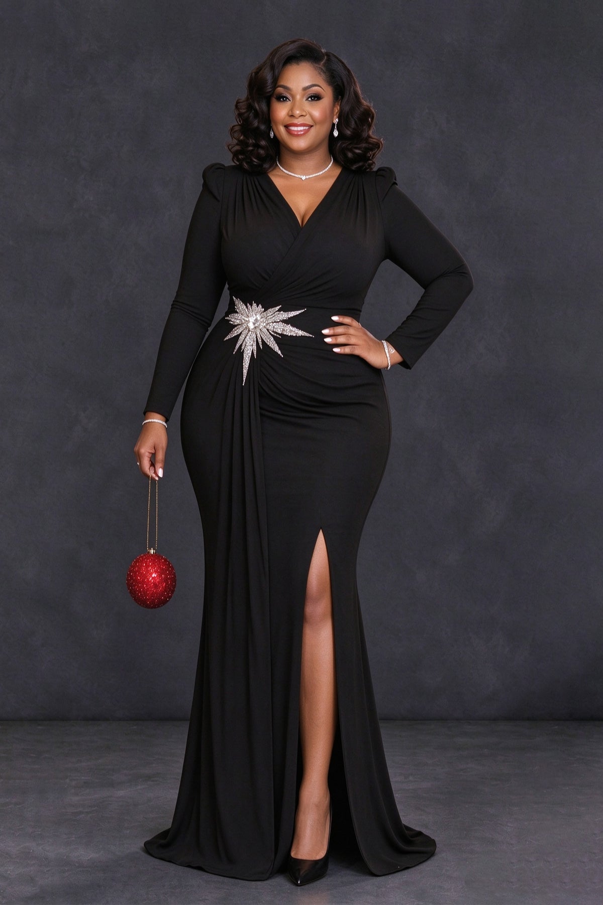 BOLODOO XX103 black fitted formal gown, angled view with embellished ruched waist