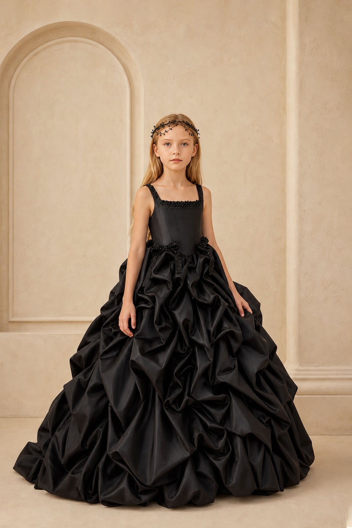 BOLODOO Girls Black Satin Pick-Up Ball Gown Front View – Crystal Square Neckline and Ruched Ball Gown Skirt