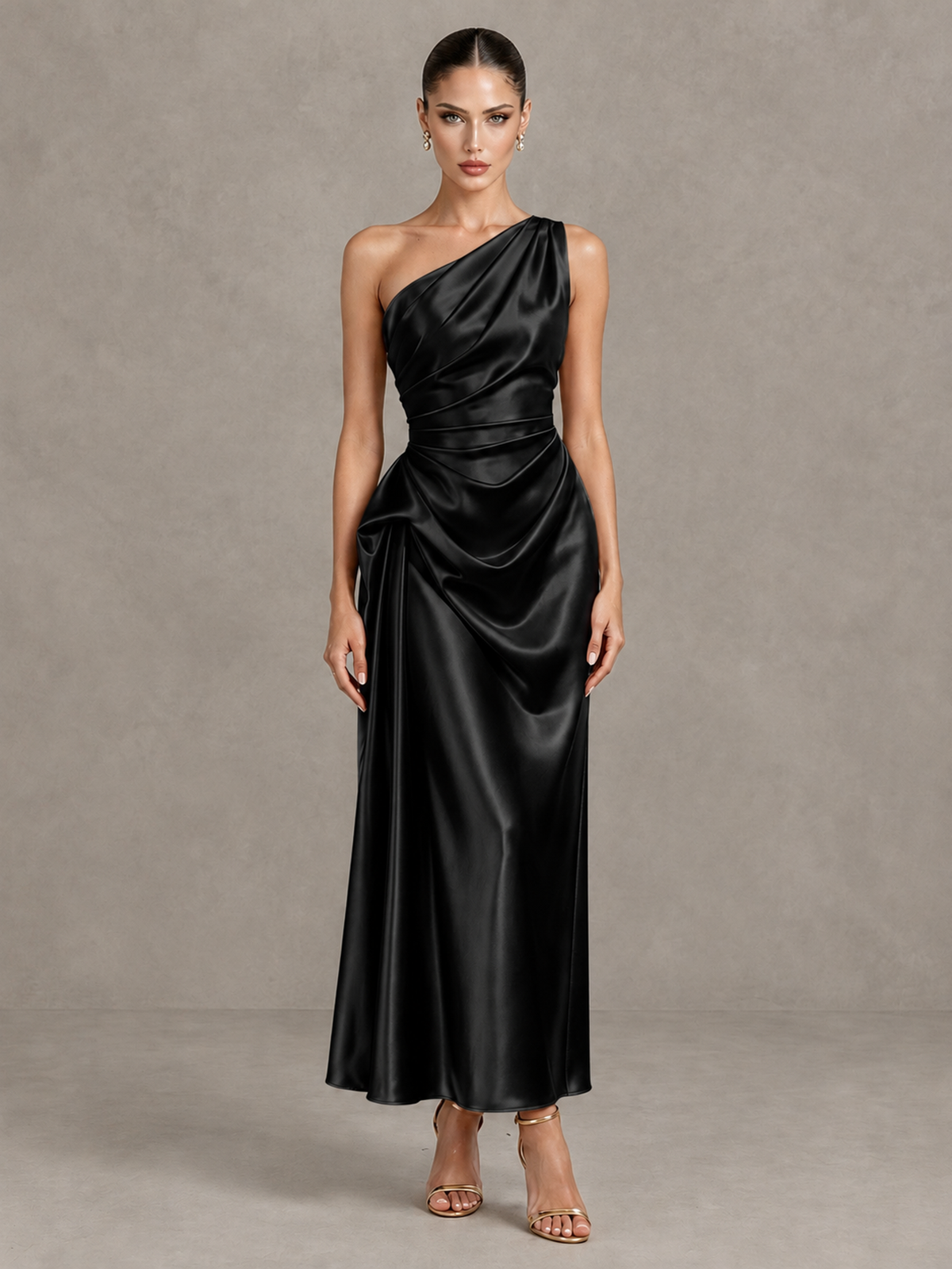 BOLODOO black one shoulder satin cocktail dress, front full view