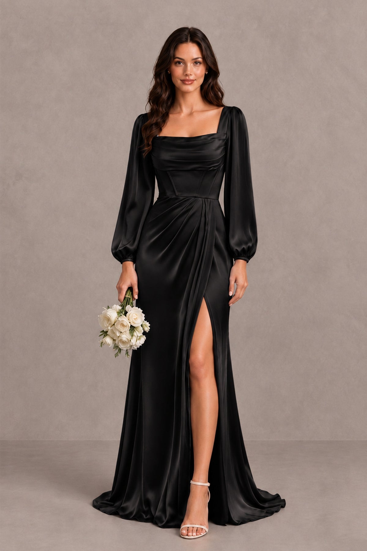 BOLODOO FQ0066 black satin-look long sleeve evening dress with square neck and high front slit, full front view