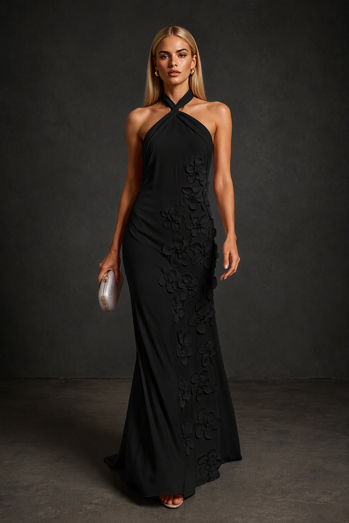 BOLODOO Black Cross Halter Neck 3D Floral Appliqué Backless Mermaid Gown - Front Full Length
