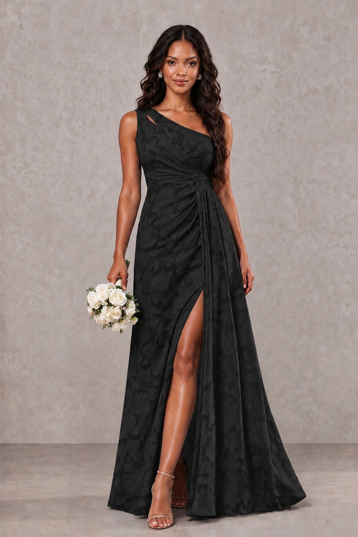 BOLODOO FQ0069 black one-shoulder bridesmaid dress styled with bouquet, full-length front view