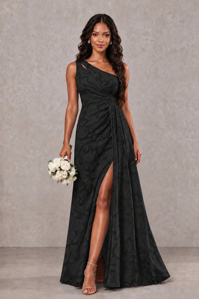 BOLODOO FQ0069 black one-shoulder bridesmaid dress styled with bouquet, full-length front view