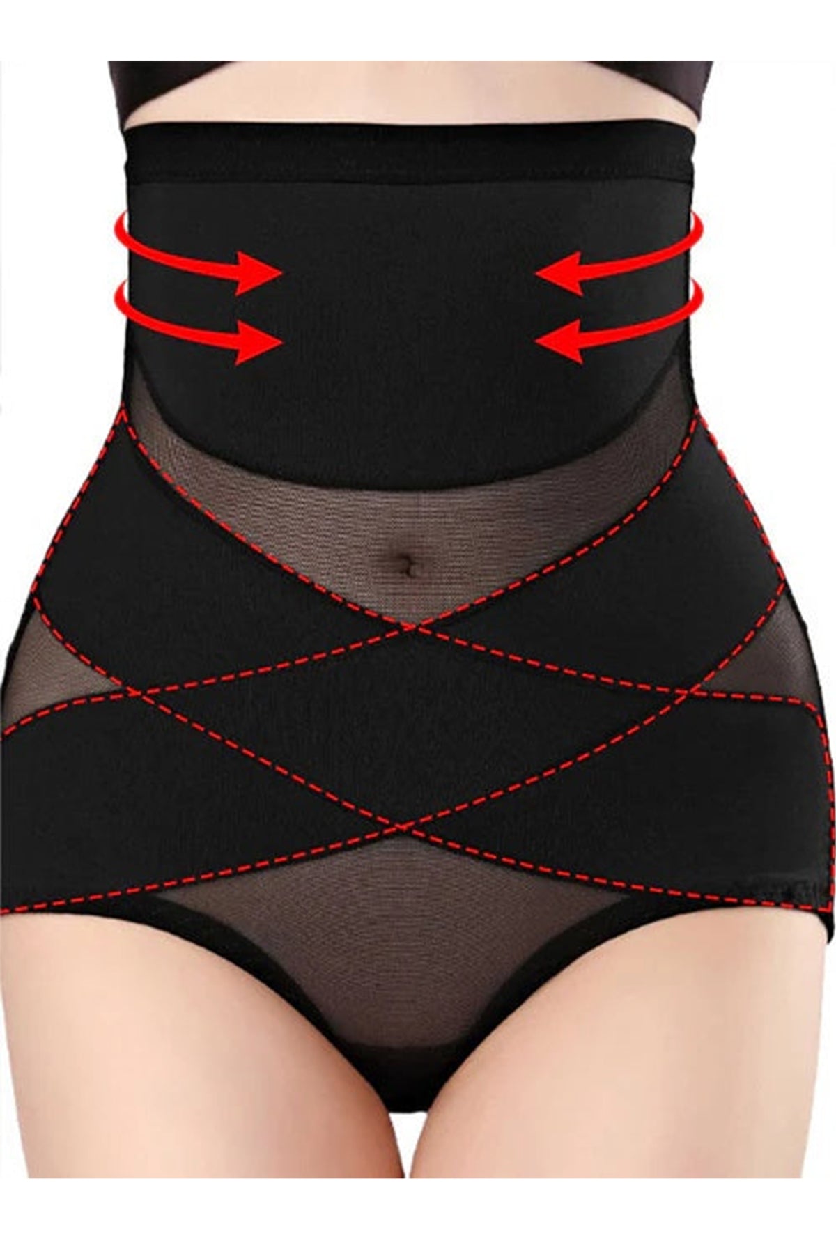 BOLODOO black high-waist tummy control shapewear brief front view with crossover panels