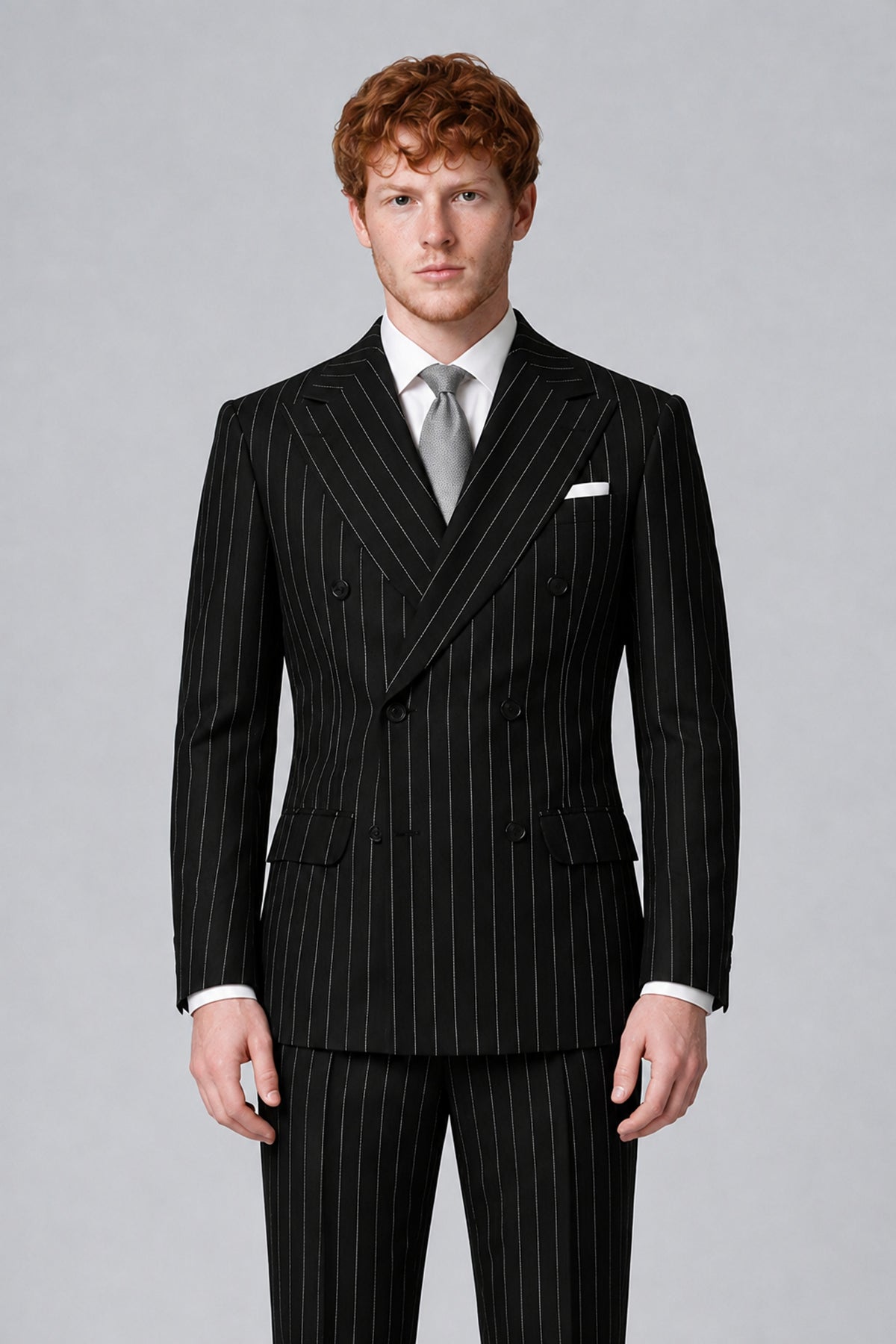 Bolodoo FQ1002 black pinstripe double-breasted jacket with peaked lapels and long sleeves, front detail
