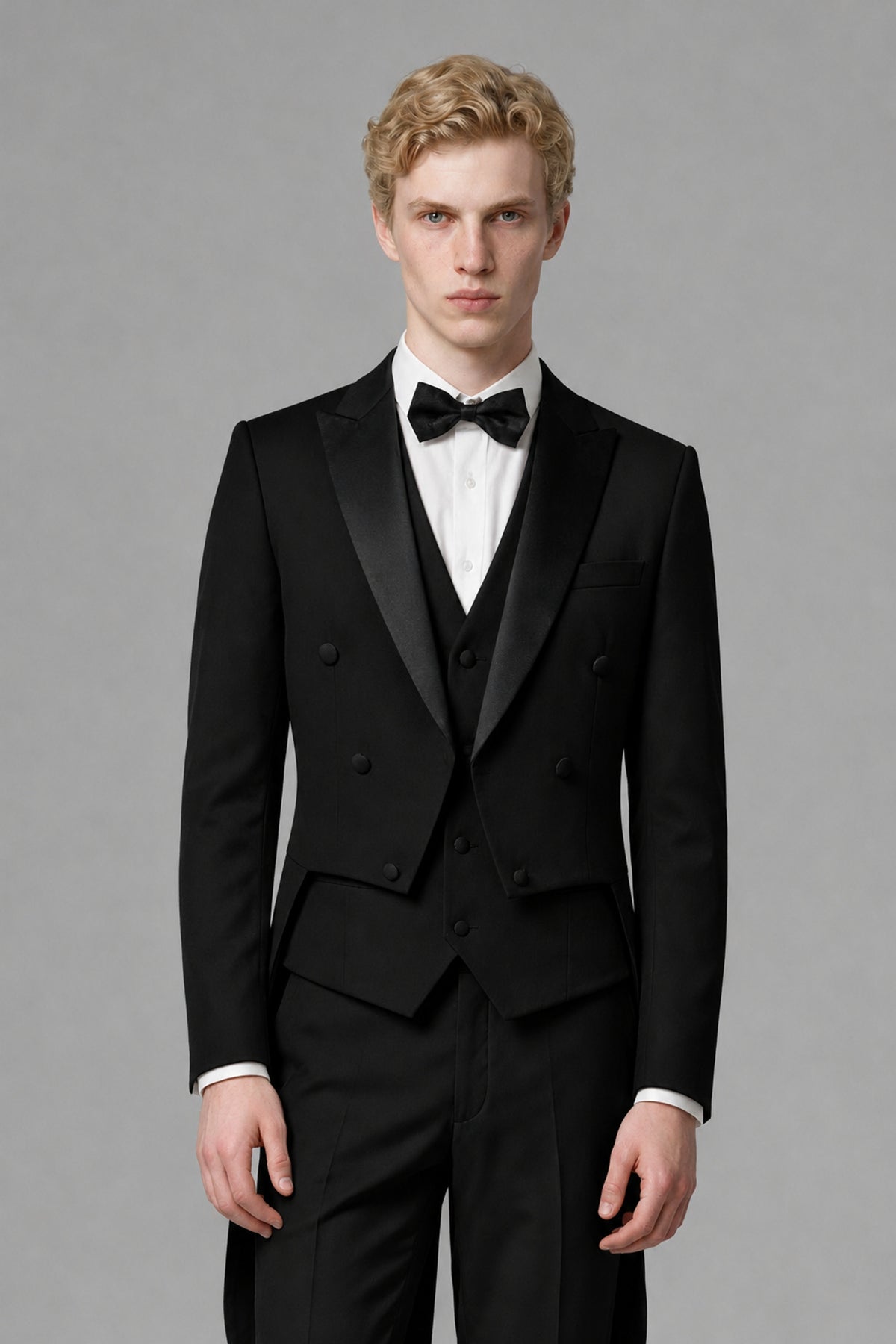 Bolodoo black tailcoat tuxedo jacket and matching button-front vest, front view