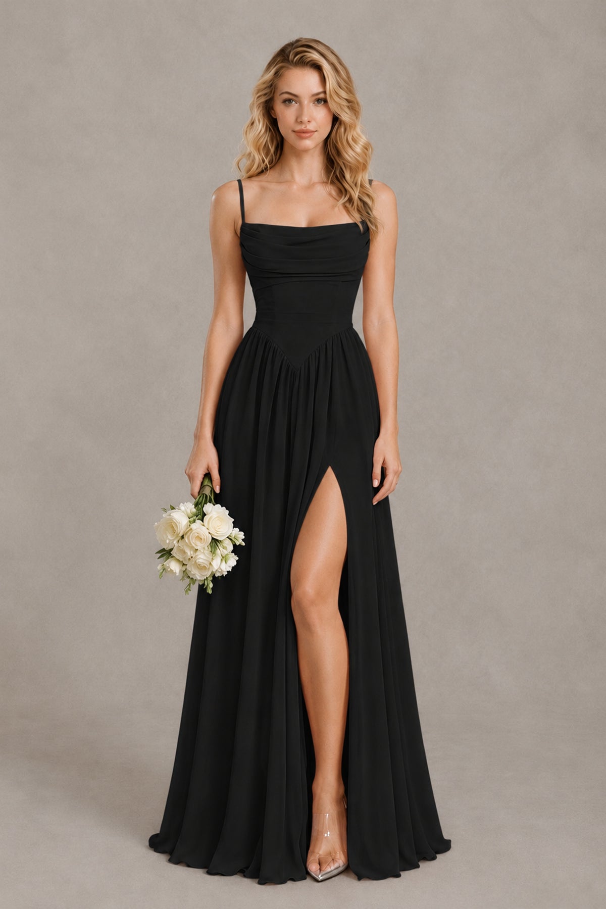 BOLODOO FQ0065 black spaghetti strap A-line bridesmaid dress with high slit, full front view