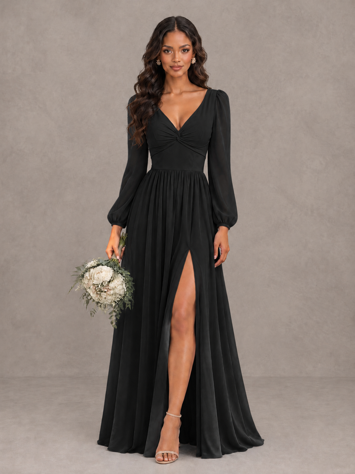 BOLODOO black V-neck bridesmaid gown styled with a bouquet, full-length front view
