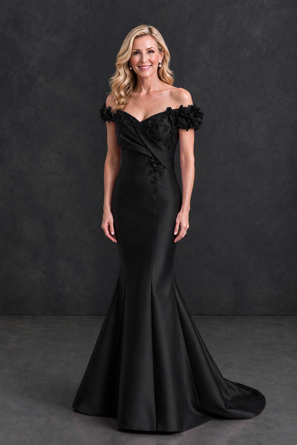 BOLODOO XX102 black mermaid evening dress, side view showing floral sleeves and sweep train