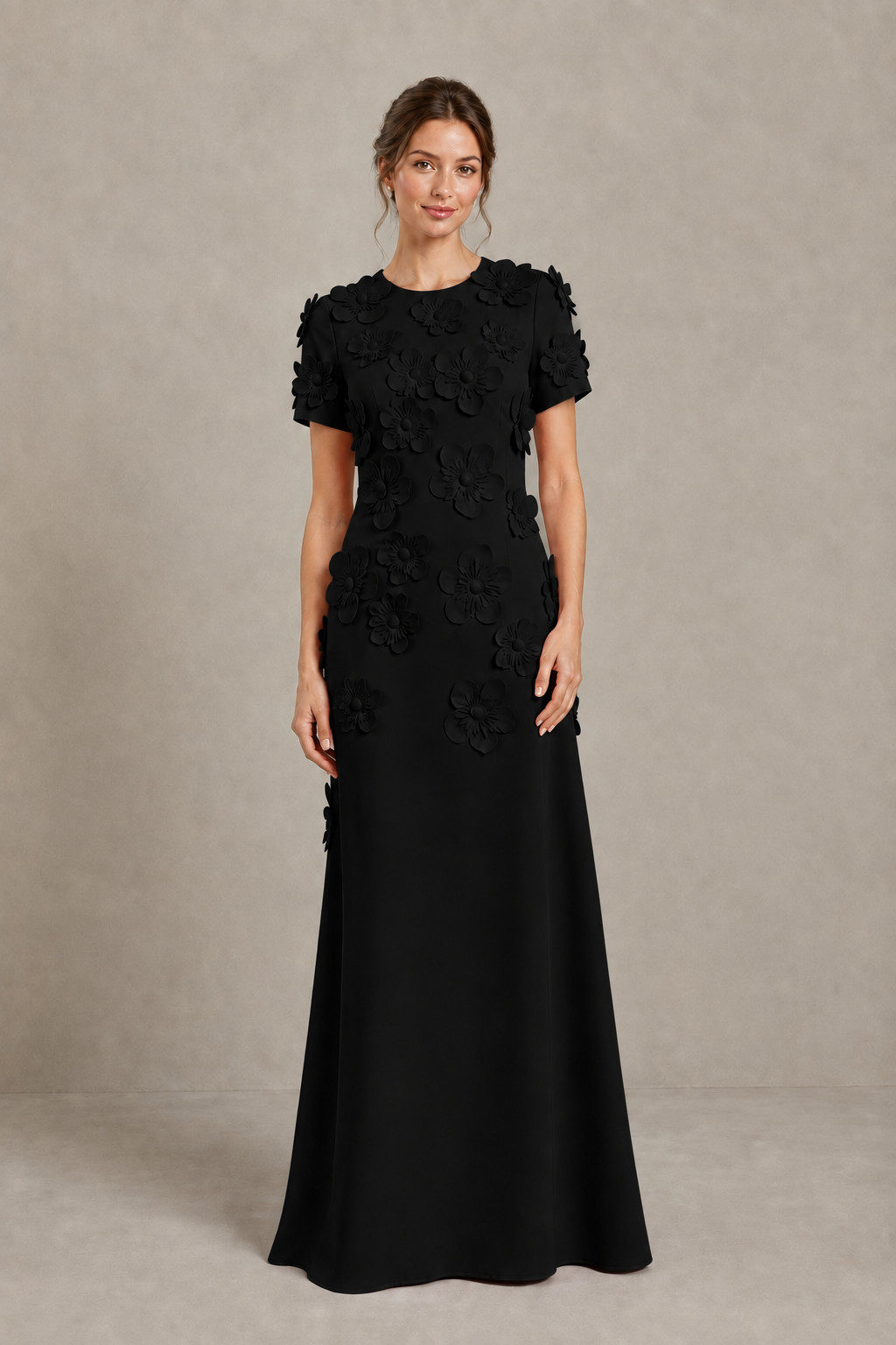 BOLODOO black textured floral maxi dress with short sleeves, side view